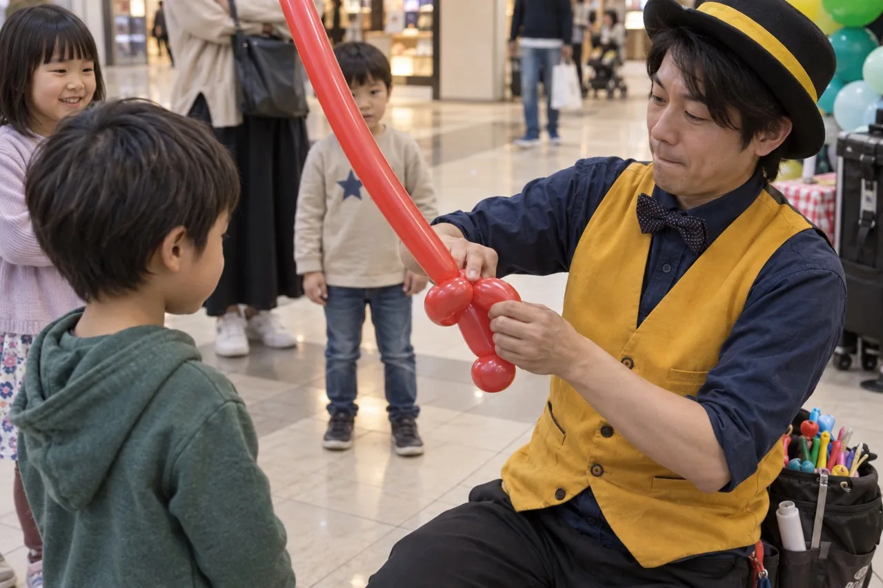 子どもの目線で風船の剣を作るパフォーマー