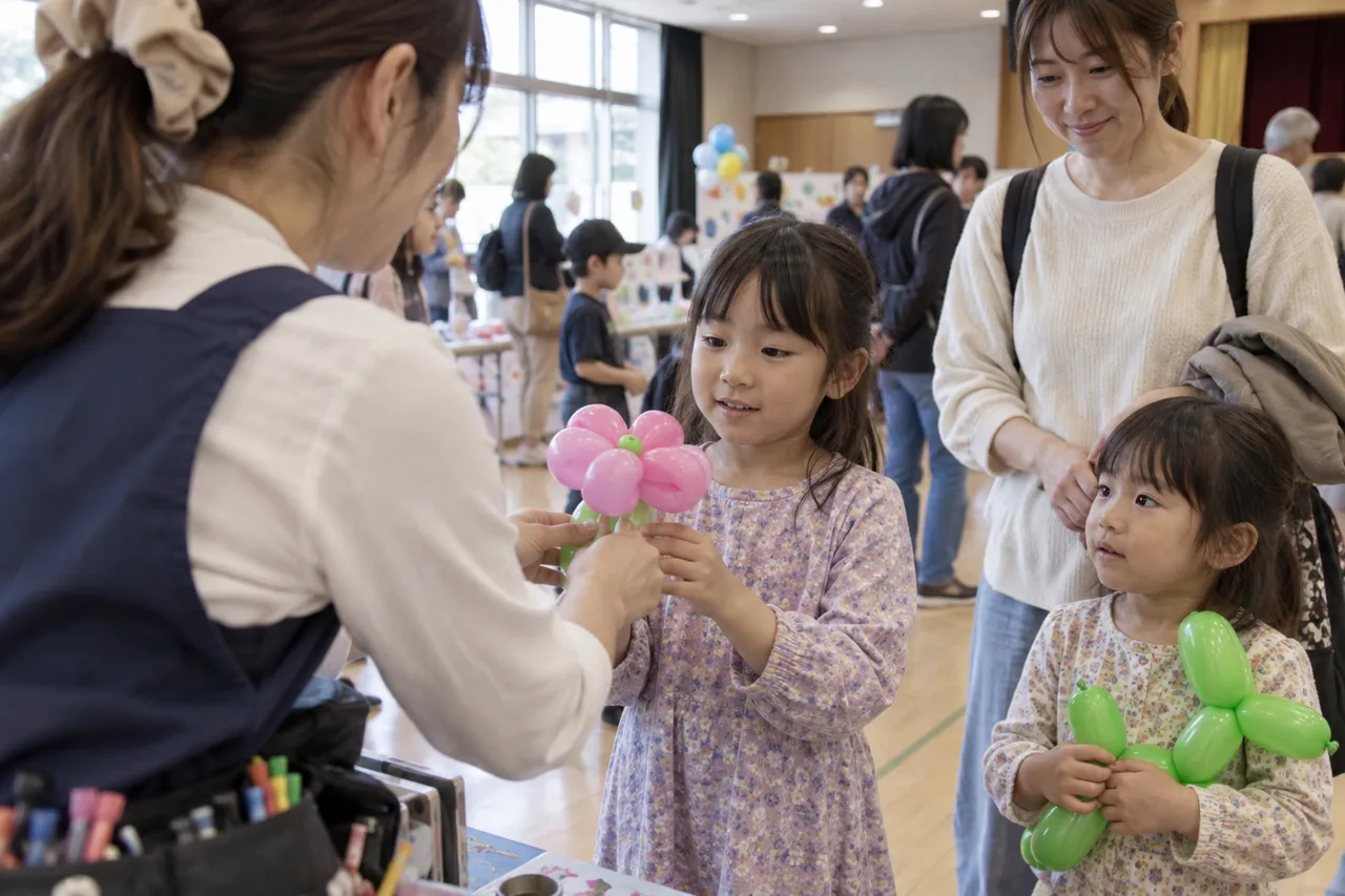 出演者の肩越しに見る、花のバルーンを受け取る子ども