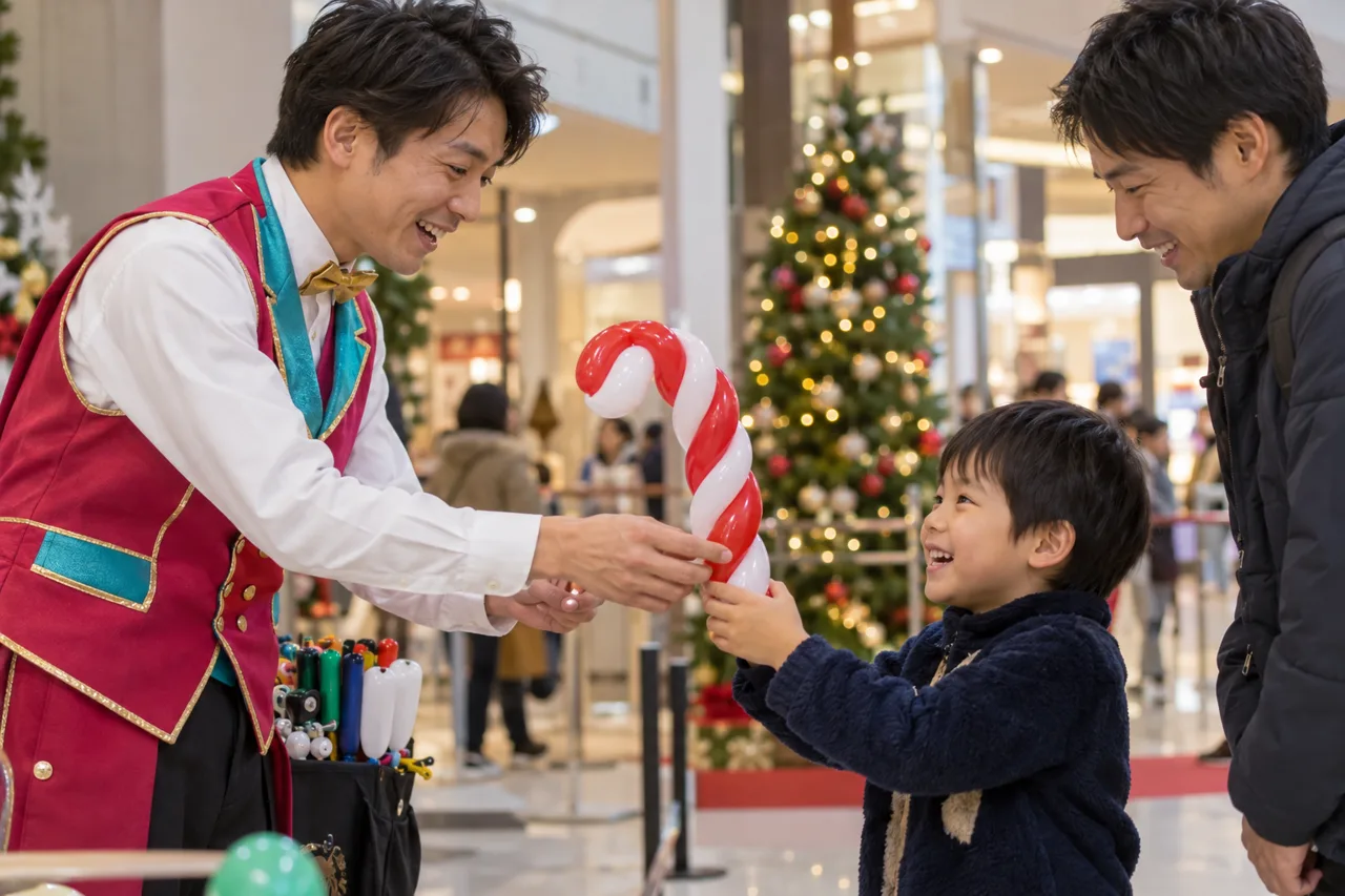 クリスマスの会場で赤と白のバルーンを子どもへ手渡す出演者