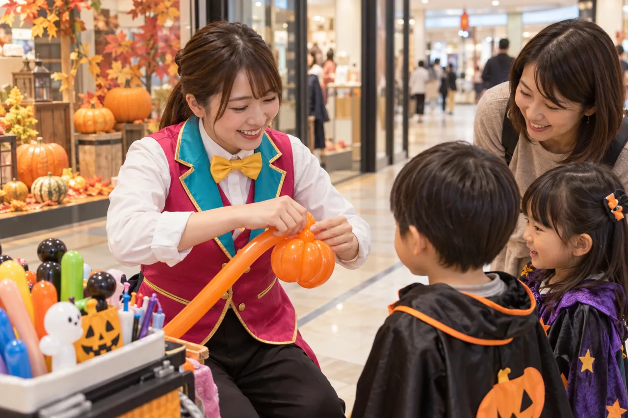 ハロウィンの衣装を着た子どもの前でオレンジ色の作品を作る出演者
