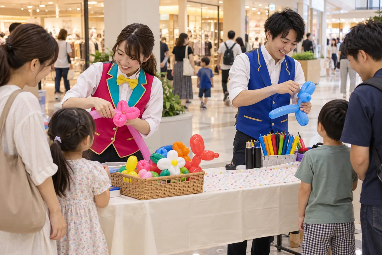 2人の出演者がそれぞれの親子にバルーンを制作する様子