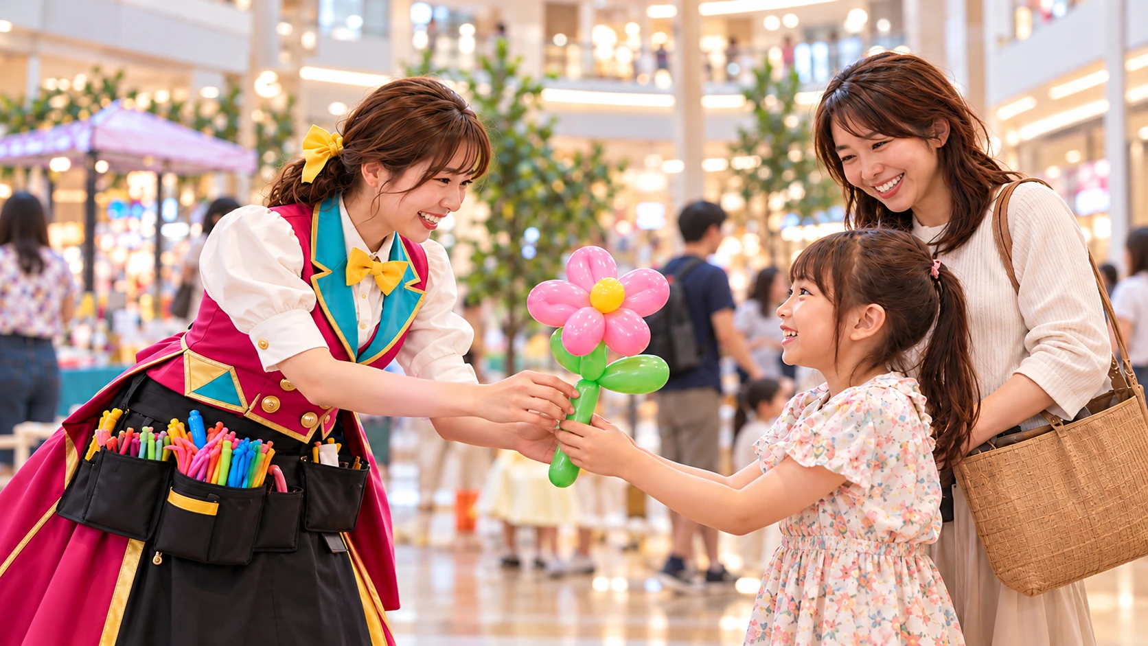 子どもに花のバルーンアートを手渡す様子